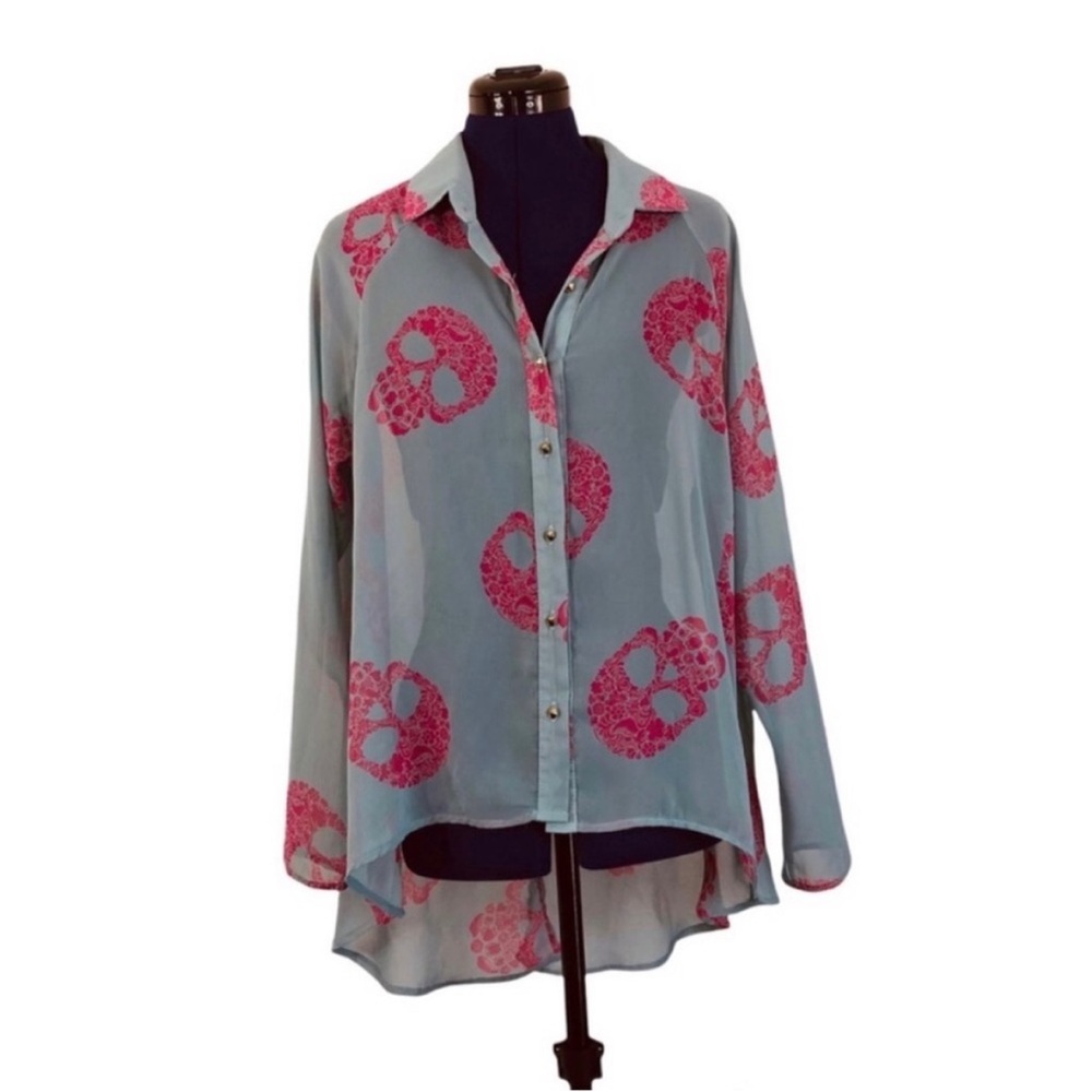 Light Blue Pink Skull Skeleton Long Sleeve Top